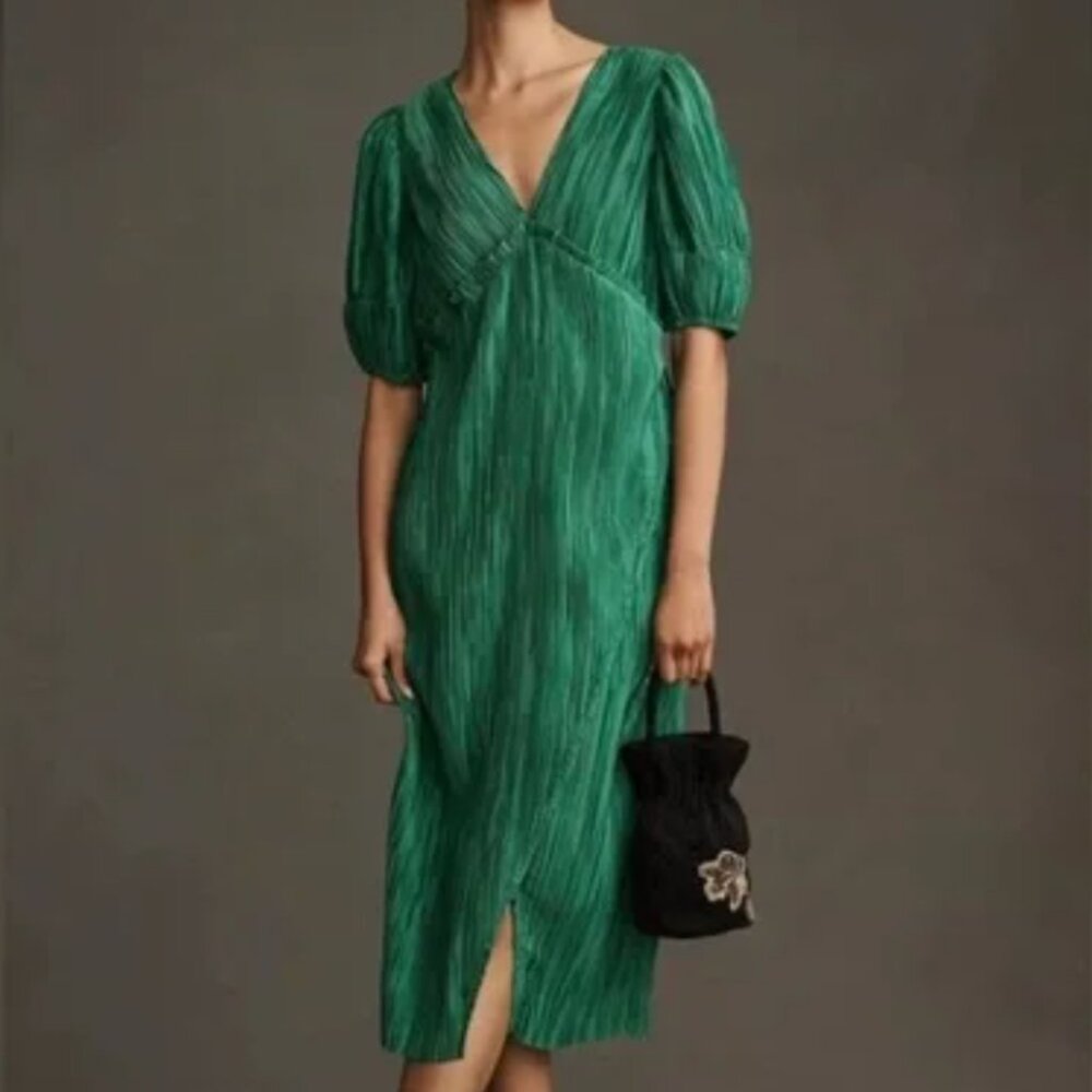 NWT Anthropologie V-Neck Pleated Midi Green Dress Size XXS